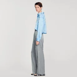 Sandro Paris Conjuntos-Calça De Linho Com Detalhe De Strass