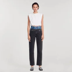 Sandro Paris Vaqueiros-Calça Jeans Cintura Dupla Bicolor