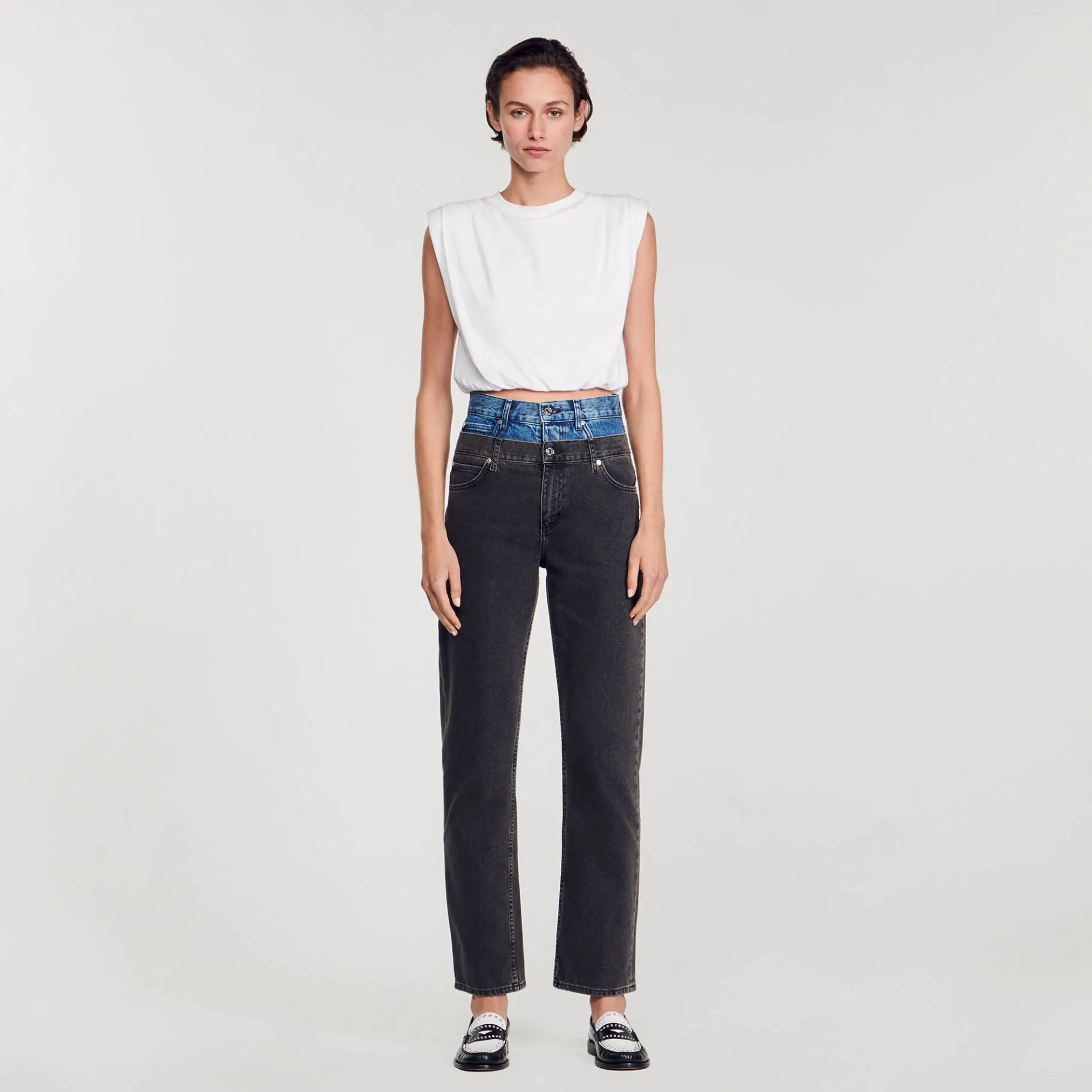 Sandro Paris Vaqueiros-Calça Jeans Cintura Dupla Bicolor