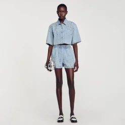 Sandro Paris Saias E Shorts-Calça Jeans Curta Larga Com Strass