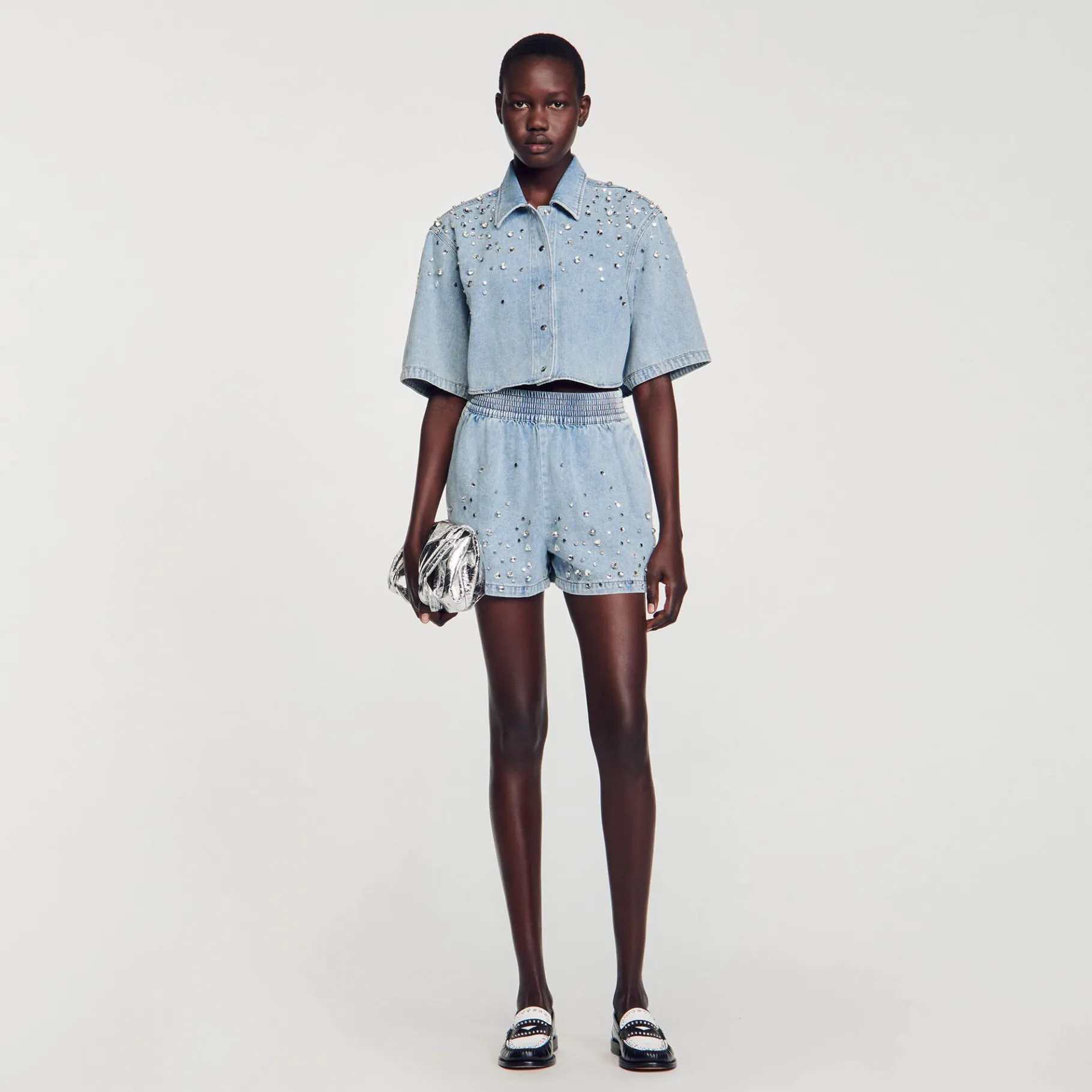 Sandro Paris Saias E Shorts-Calça Jeans Curta Larga Com Strass