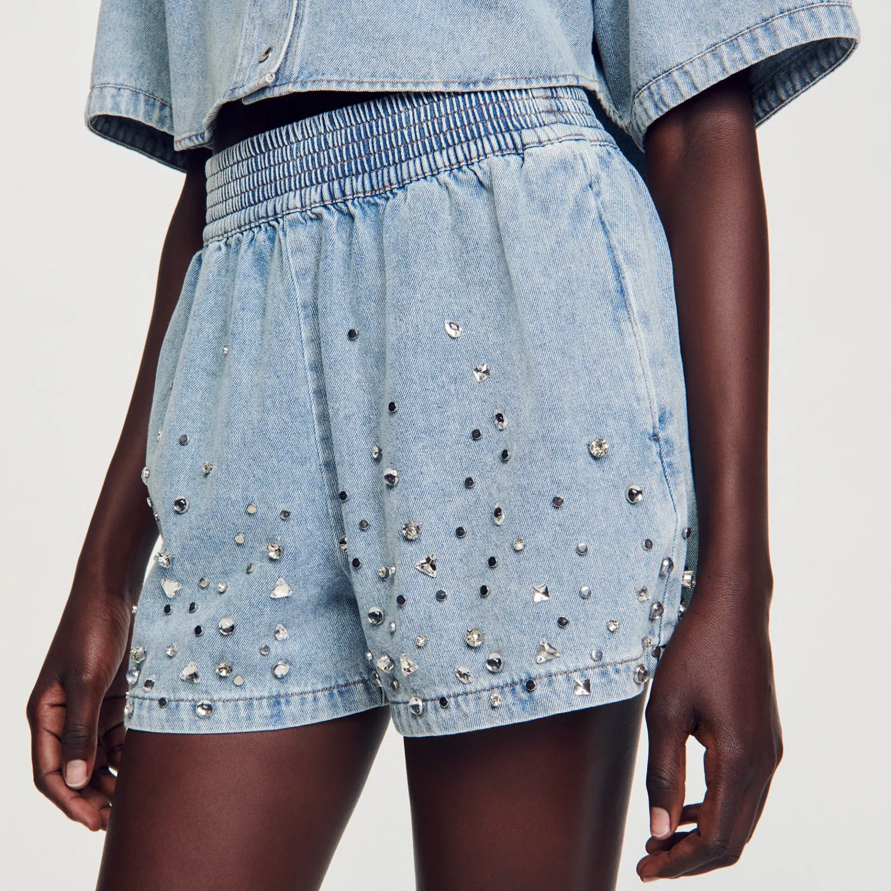 Sandro Paris Saias E Shorts-Calça Jeans Curta Larga Com Strass