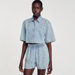 Sandro Paris Saias E Shorts-Calça Jeans Curta Larga Com Strass