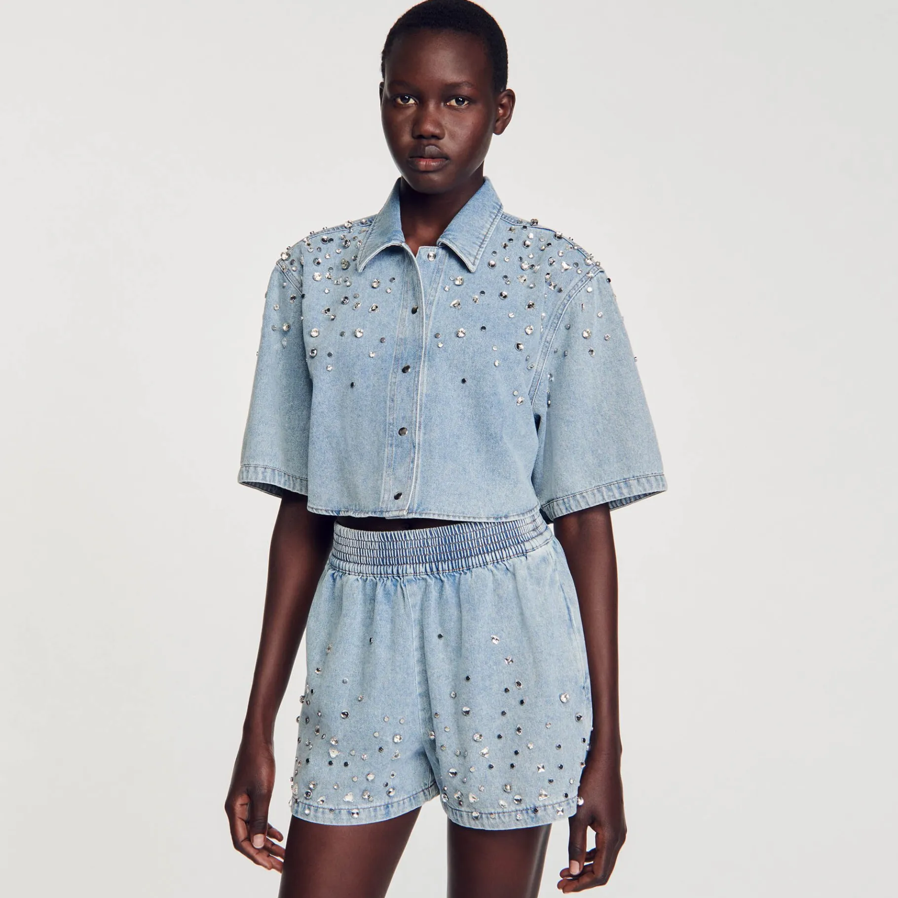 Sandro Paris Saias E Shorts-Calça Jeans Curta Larga Com Strass