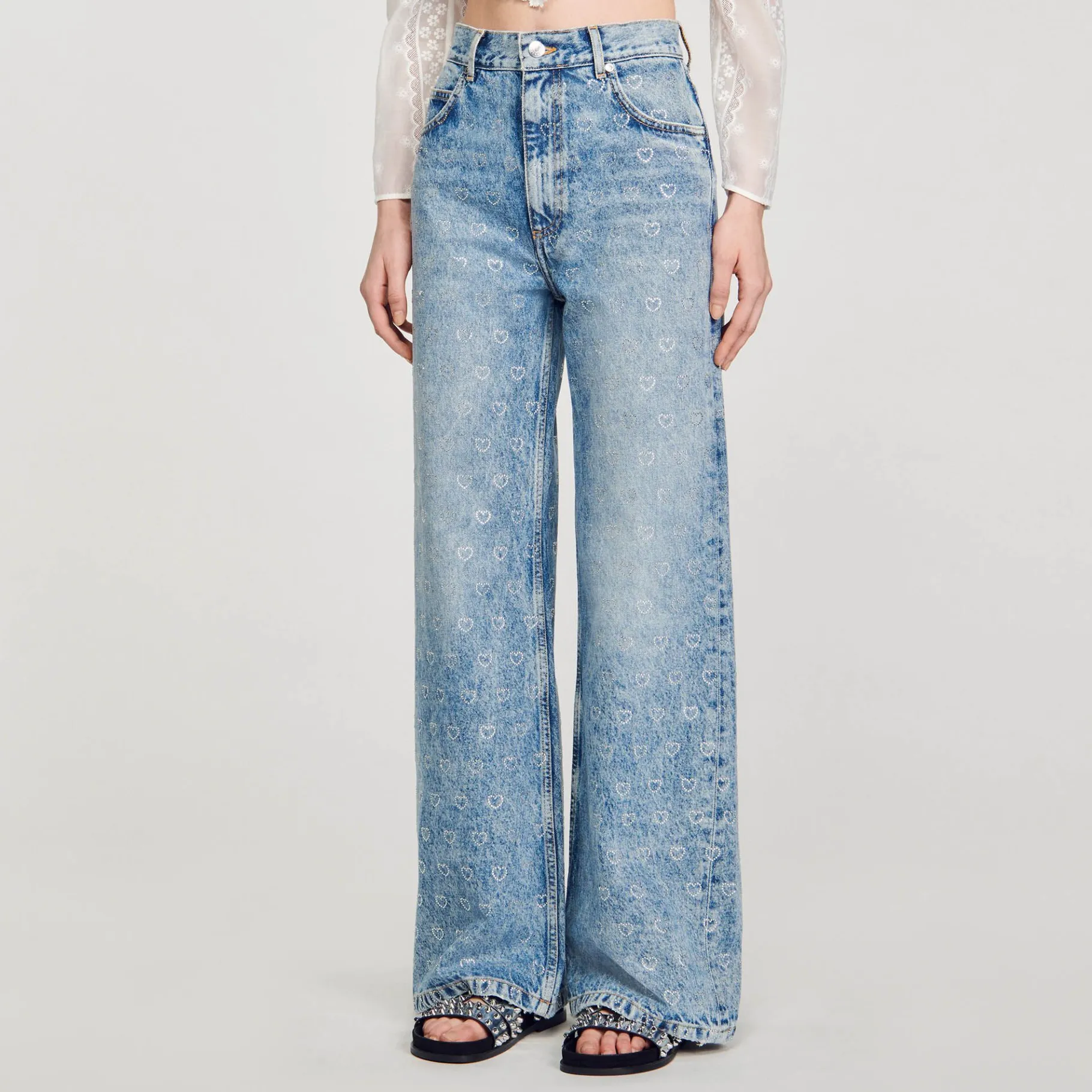 Sandro Paris Vaqueiros-Calça Jeans Larga Com Coracoes De Strass