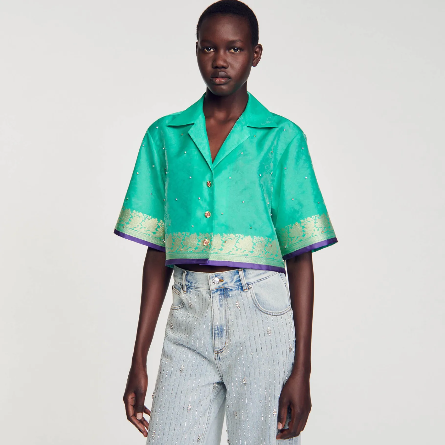 Sandro Paris Tops E Camisas-Camisa Curta Jacquard Com Strass