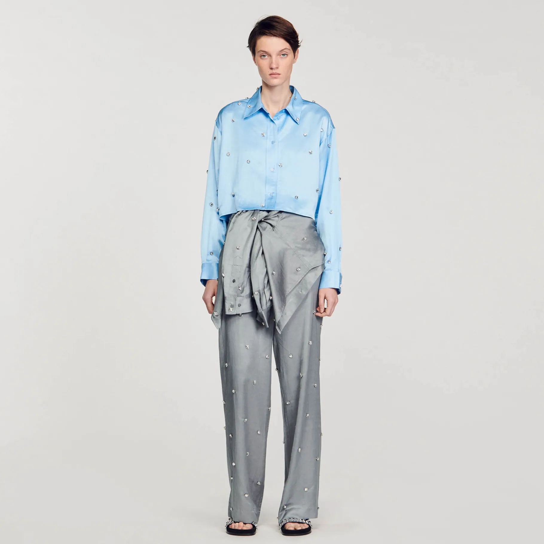 Sandro Paris Conjuntos-Camisa De Cetim Decorada Com Strass