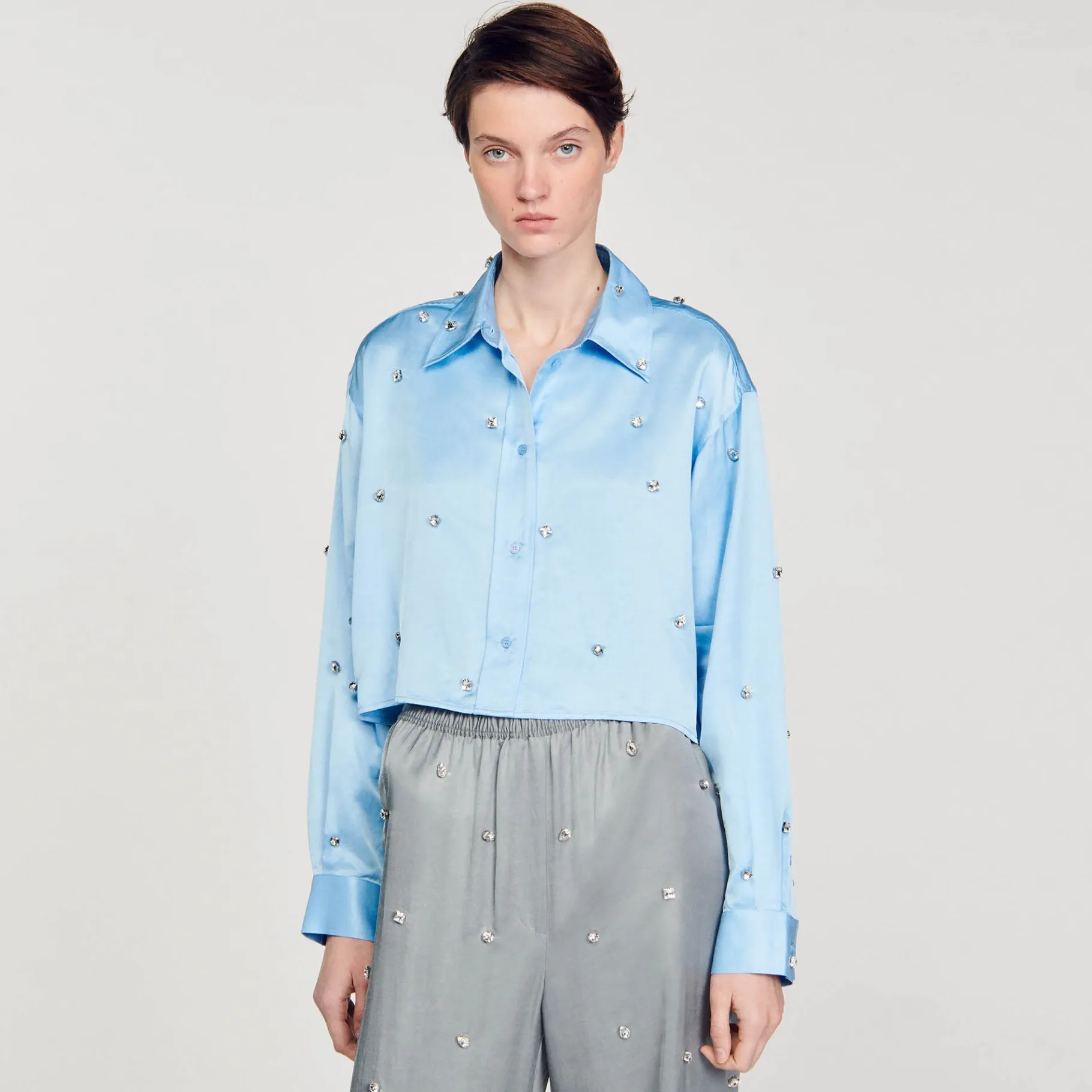 Sandro Paris Conjuntos-Camisa De Cetim Decorada Com Strass