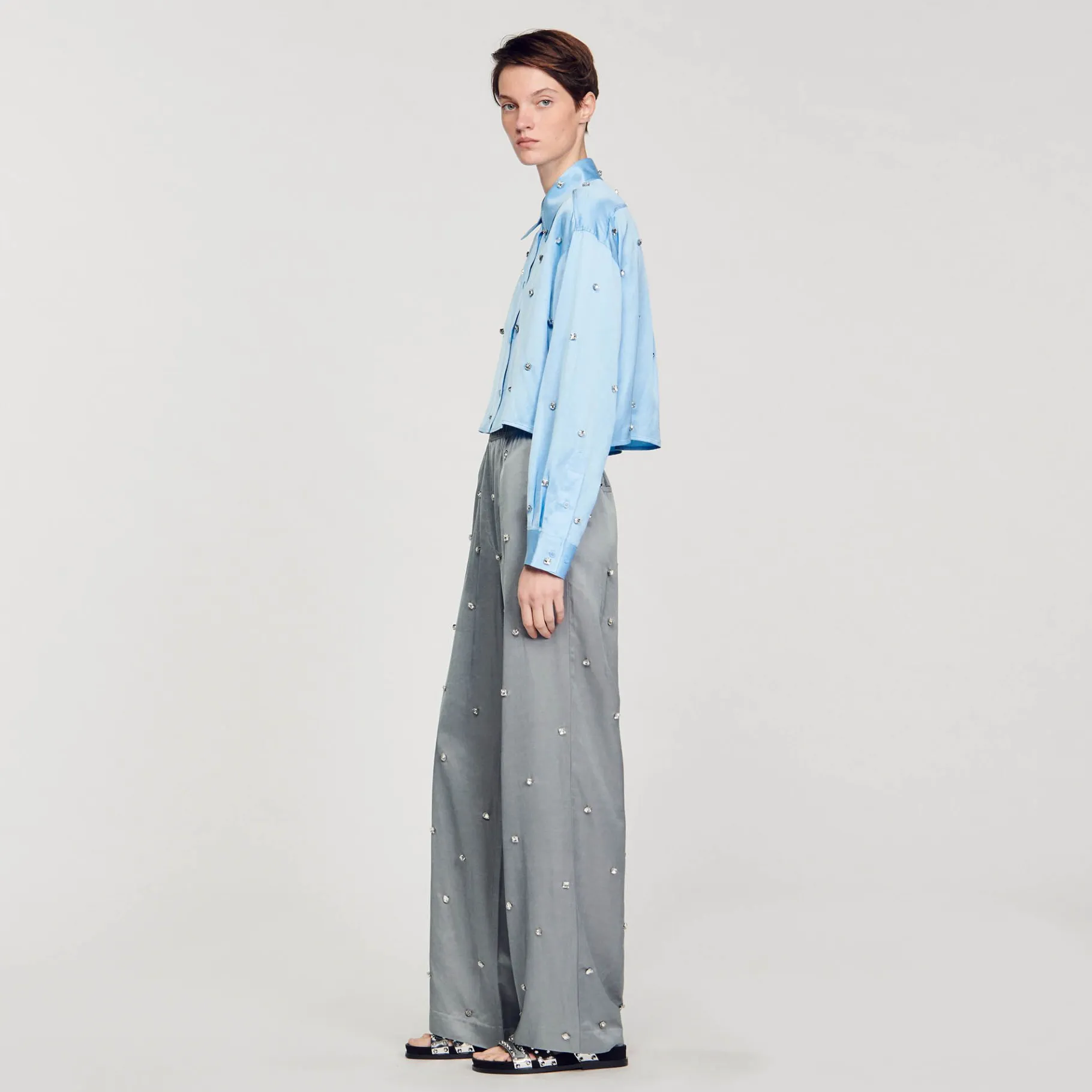 Sandro Paris Conjuntos-Camisa De Cetim Decorada Com Strass