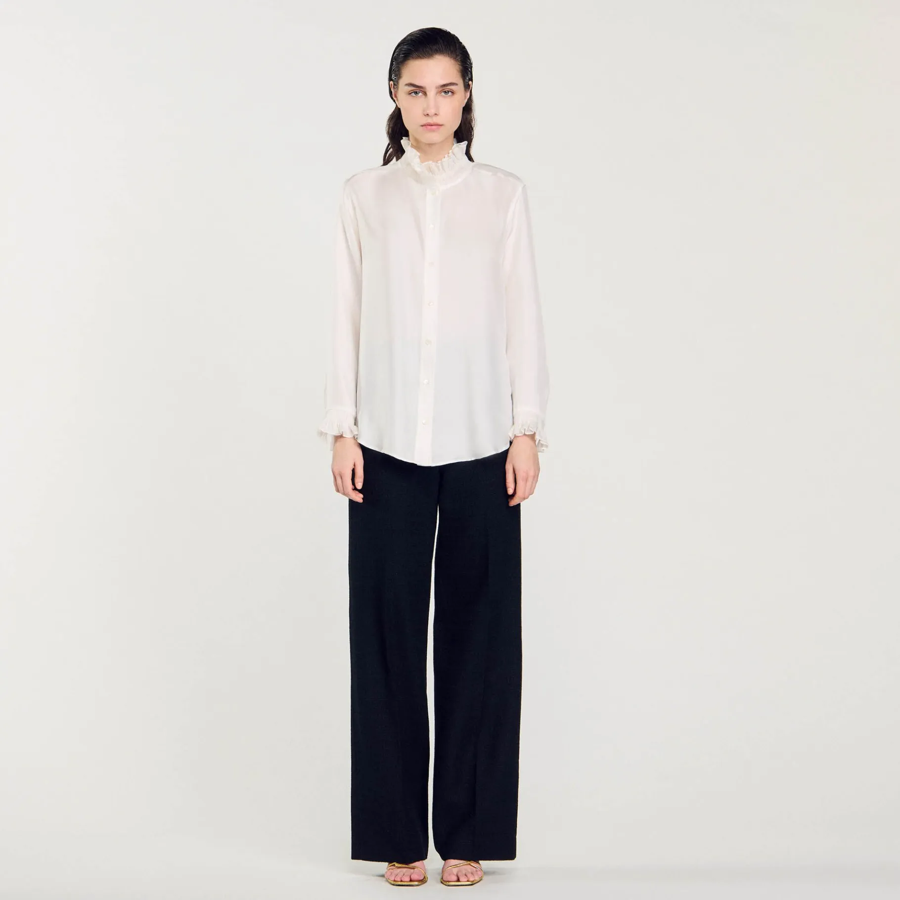 Sandro Paris Tops E Camisas-Camisa De Seda Com Gola Franzida