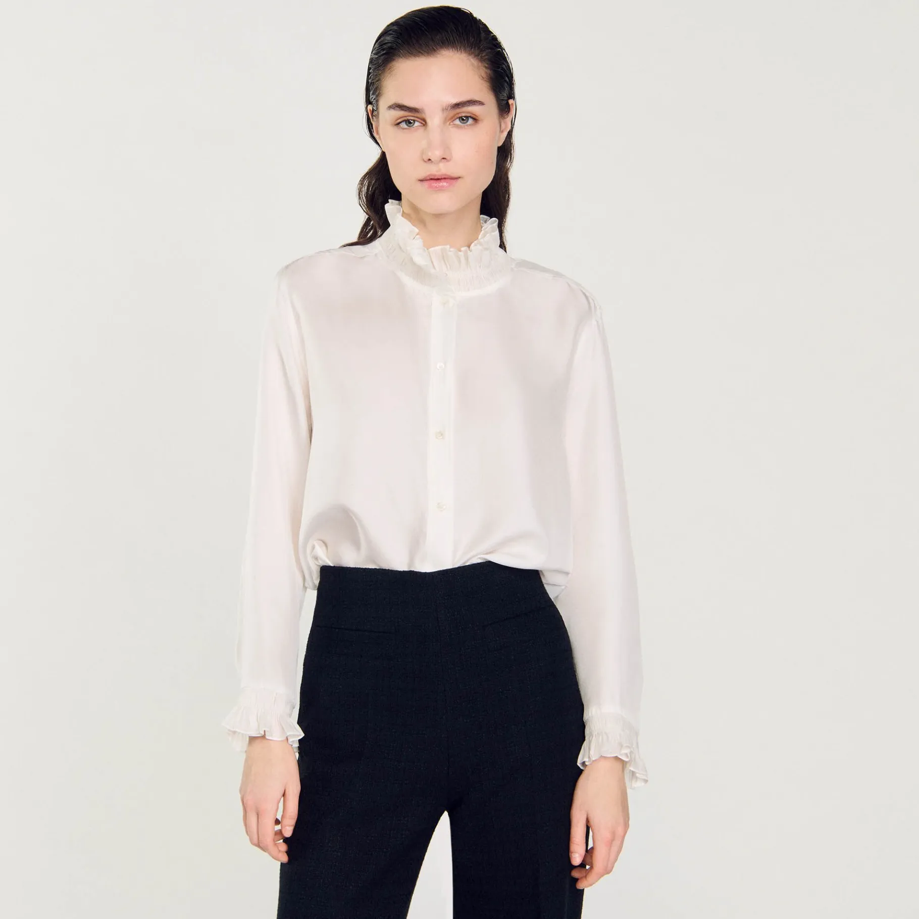 Sandro Paris Tops E Camisas-Camisa De Seda Com Gola Franzida