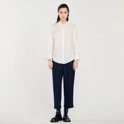 Sandro Paris Tops E Camisas-Camisa De Seda, Gola Bordada E Plissada