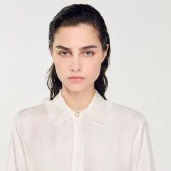 Sandro Paris Tops E Camisas-Camisa De Seda, Gola Bordada E Plissada