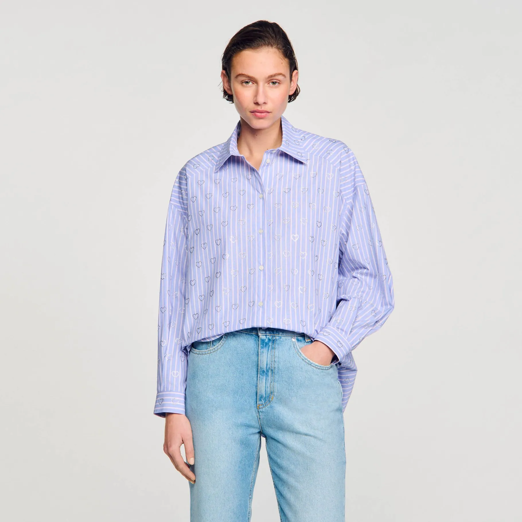 Sandro Paris Tops E Camisas-Camisa Decorada Com Coracoes De Strass