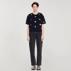 Sandro Paris Camisetas-Camiseta Com Flores De Lantejoulas
