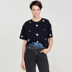 Sandro Paris Camisetas-Camiseta Com Flores De Lantejoulas