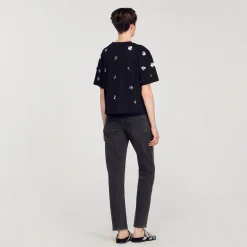 Sandro Paris Camisetas-Camiseta Com Flores De Lantejoulas