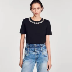 Sandro Paris Camisetas-Camiseta De Algodao Organico, Gola Joia