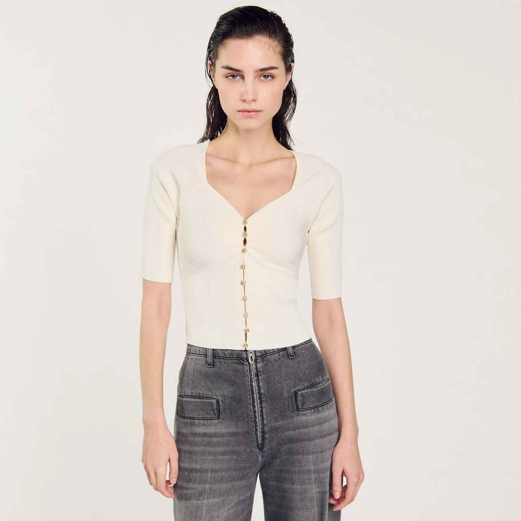 Sandro Paris Suéteres E Cardigans-Cardiga Canelado Recortado