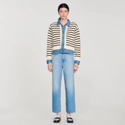 Sandro Paris Suéteres E Cardigans-Cardiga Listrado Em Malha E Jeans