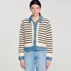 Sandro Paris Suéteres E Cardigans-Cardiga Listrado Em Malha E Jeans