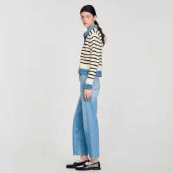 Sandro Paris Suéteres E Cardigans-Cardiga Listrado Em Malha E Jeans