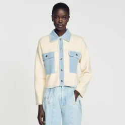 Sandro Paris Suéteres E Cardigans-Cardiga Oversize De Dois Materiais