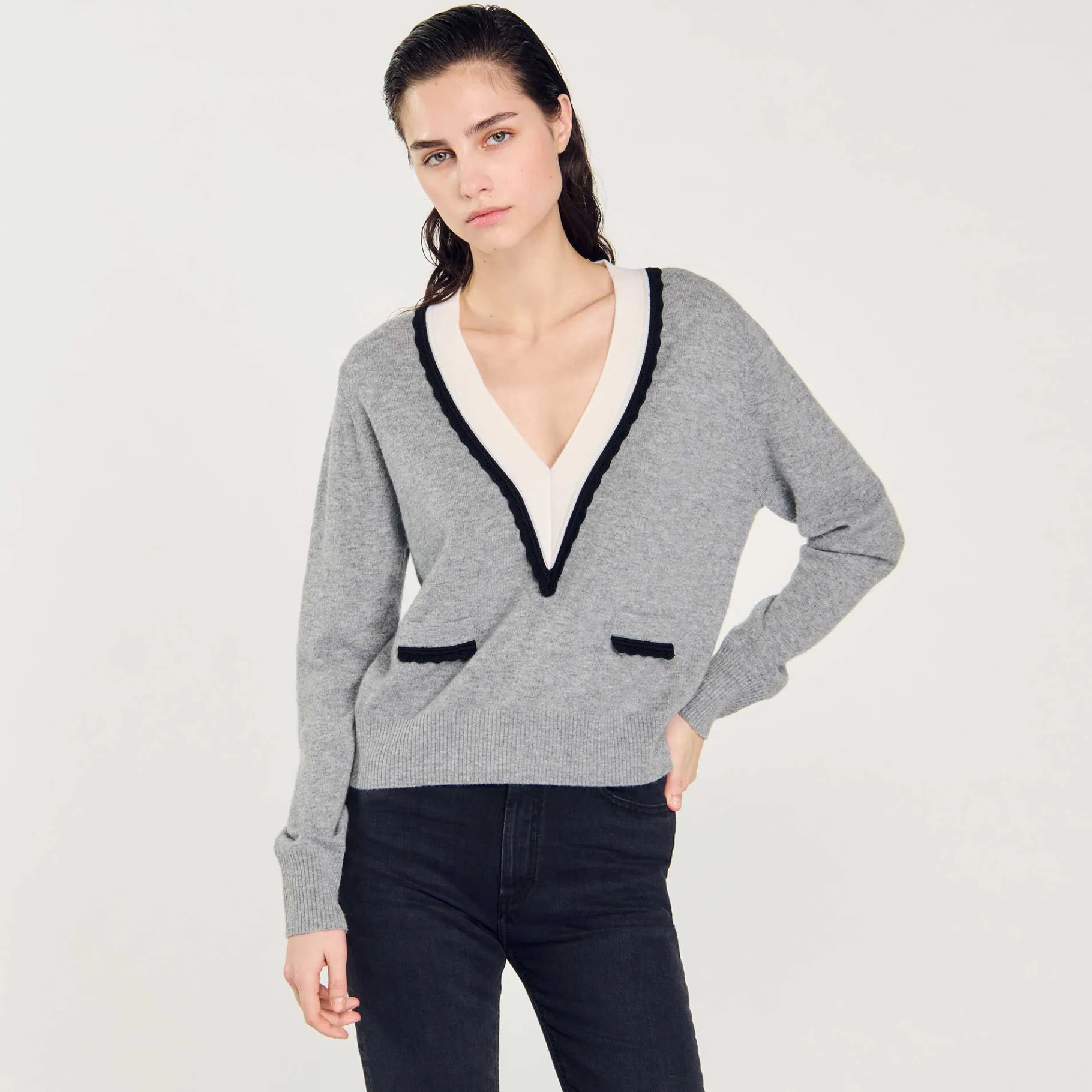 Sandro Paris Suéteres E Cardigans-Sueter Contrastante Com Decote Em V