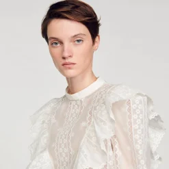 Sandro Paris Tops E Camisas-Top Cropped Com Bordado Ingles