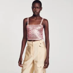 Sandro Paris Suéteres E Cardigans-Top Cropped Com Detalhe De Strass