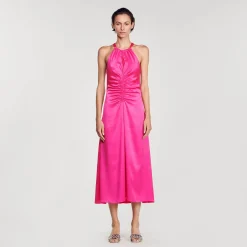 Sandro Paris Vestidos-Vestido Longo De Cetim E Franzido