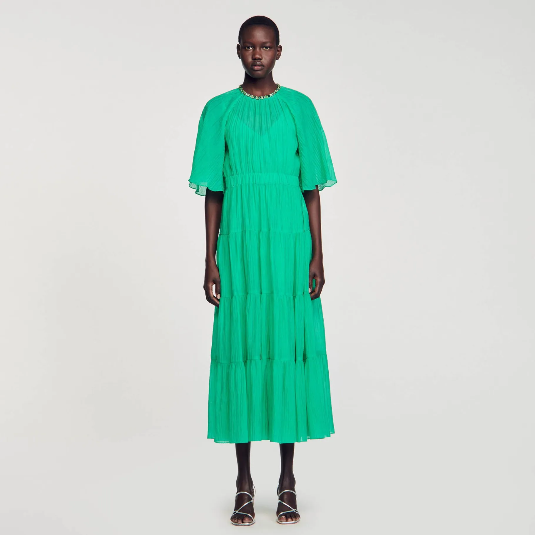 Sandro Paris Vestidos-Vestido Midi Com Gola De Strass