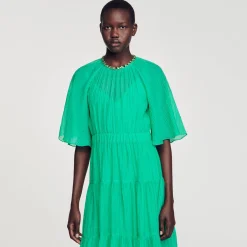 Sandro Paris Vestidos-Vestido Midi Com Gola De Strass