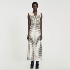 Sandro Paris Vestidos-Vestido Midi Em Malha Listrada