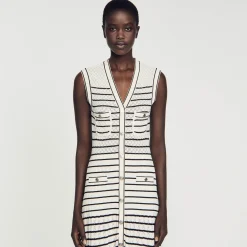 Sandro Paris Vestidos-Vestido Midi Em Malha Listrada