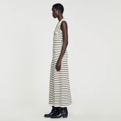 Sandro Paris Vestidos-Vestido Midi Em Malha Listrada